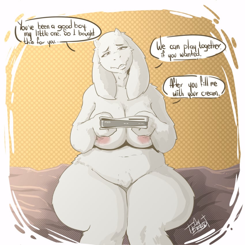 1:1 absurd_res anthro bed big_breasts boss_monster bovid breasts caprine cumbread dialogue english_text female foreplay fur furniture goat hi_res horn mammal playstation_5 solo sugar_mommy text thick_thighs toriel undertale video_games wide_hips