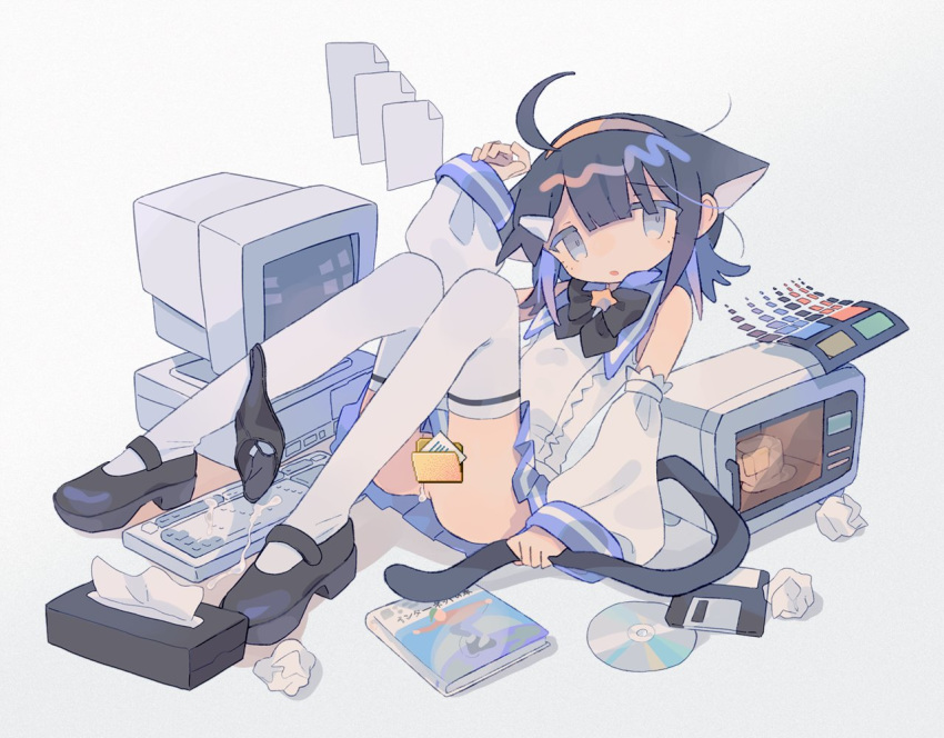 1girls ahoge animal_ears bangs bare_shoulders black_bow black_bowtie black_footwear black_hair black_panties blue_sailor_collar blue_skirt book bow bowtie cat_ears cat_girl cat_tail cd censored computer crt cum daizu_(melon-lemon) detached_sleeves extra_ears female file floppy_disk folder full_body grey_eyes hair_ornament hairband hairclip hand_up highres holding_own_tail keyboard_(computer) knees_up long_sleeves looking_at_viewer lying mary_janes medium_hair microwave miniskirt monitor no_nose novelty_censor on_back open_mouth original panties panties_around_one_leg parted_lips petasawa pleated_skirt pussy pussy_juice sailor_collar shirt shoes short_hair simple_background skirt sleeveless sleeveless_shirt sleeves_past_wrists solo star_(symbol) tail thighhighs tissue tissue_box underwear used_tissue white_background white_legwear white_shirt white_sleeves wide_sleeves windows windows_logo