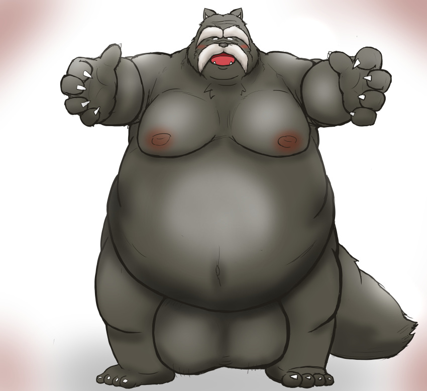 2020 absurd_res anthro balls belly big_balls blush canid canine facial_hair genitals hi_res humanoid_hands inugami_gyoubu_(nurarihyon_no_mago) kemono male mametanu_tanuki mammal moobs moustache nipples nurarihyon_no_mago obese overweight overweight_male raccoon_dog simple_background solo tanuki