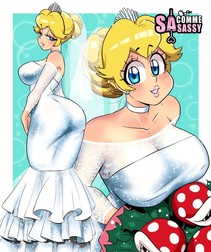 1girls big_ass big_breasts blonde_hair blue_eyes cleavage clothing curvy dress female female_only from_behind huge_ass huge_breasts long_hair mario_(series) mature_female nintendo piranha_plant piranha_plant_bouquet princess_peach sasatseng sideboob solo solo_female solo_focus standing super_mario_odyssey thick_lips thick_thighs voluptuous wedding_dress wedding_peach_(super_mario_odyssey) wide_hips