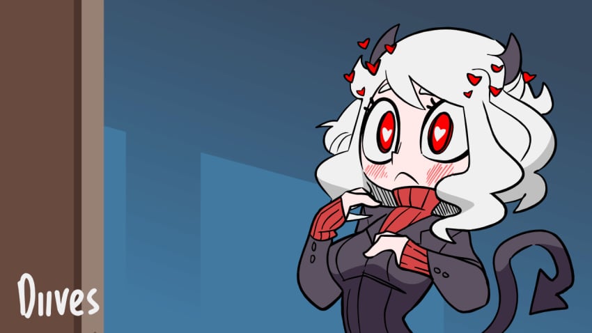 1boy animated blush bodily_fluids cute_fang demon demon_girl diives erect_nipples erect_nipples_under_clothes getting_erect heart heart-shaped_pupils helltaker holding_hands_is_lewd humanoid male modeus_(helltaker) open_mouth patreon red_eyes sweat sweatdrop watermark