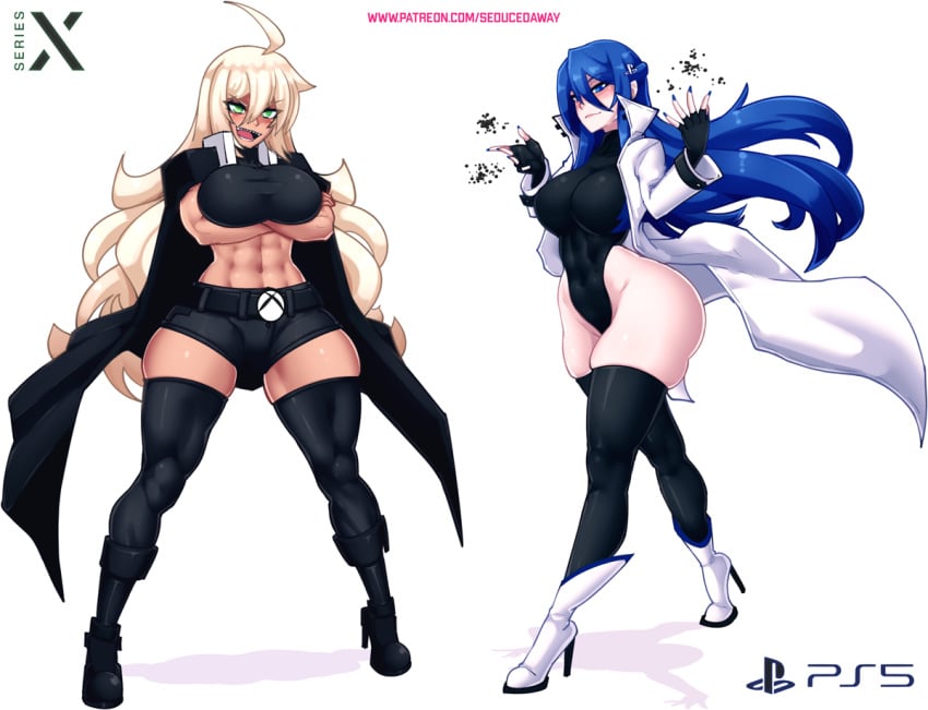 abs big_ass big_breasts blue_hair console-tan karmanseph large_breasts muscular_female ps5-tan seducedaway thick_legs thighhighs wide_hips xbox_series_x-tan