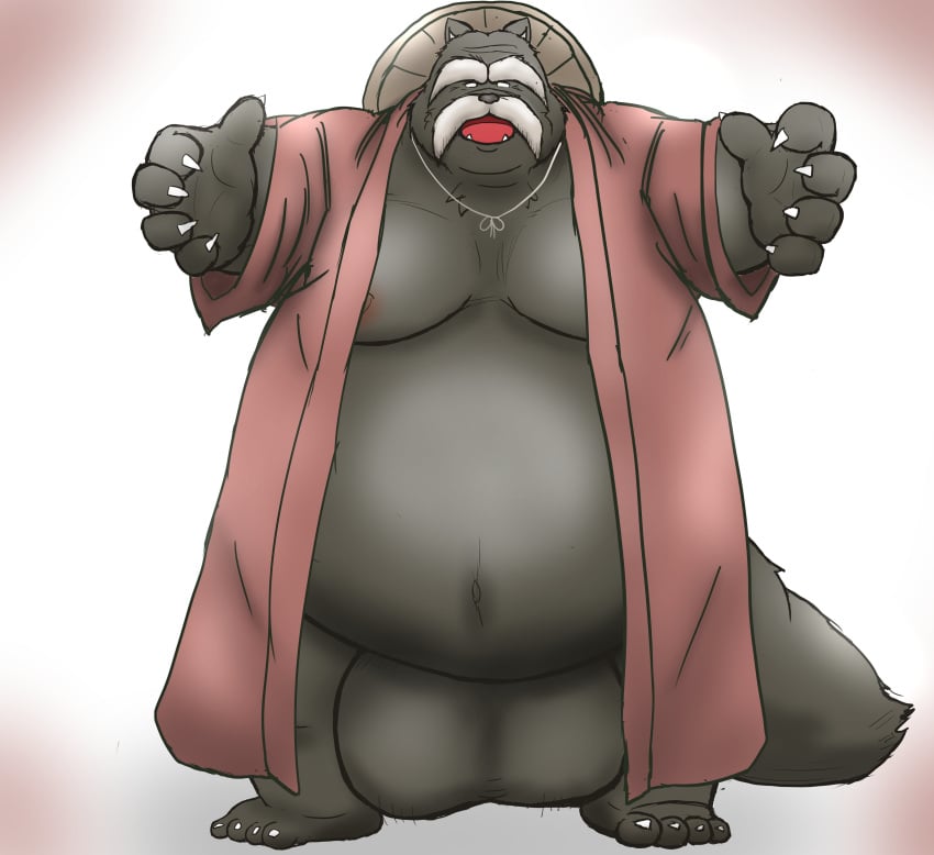 2020 absurd_res anthro balls belly big_balls canid canine clothing facial_hair genitals hi_res humanoid_hands inugami_gyoubu_(nurarihyon_no_mago) kemono male mametanu_tanuki mammal moobs moustache nipples nurarihyon_no_mago obese overweight overweight_male raccoon_dog robe simple_background solo tanuki