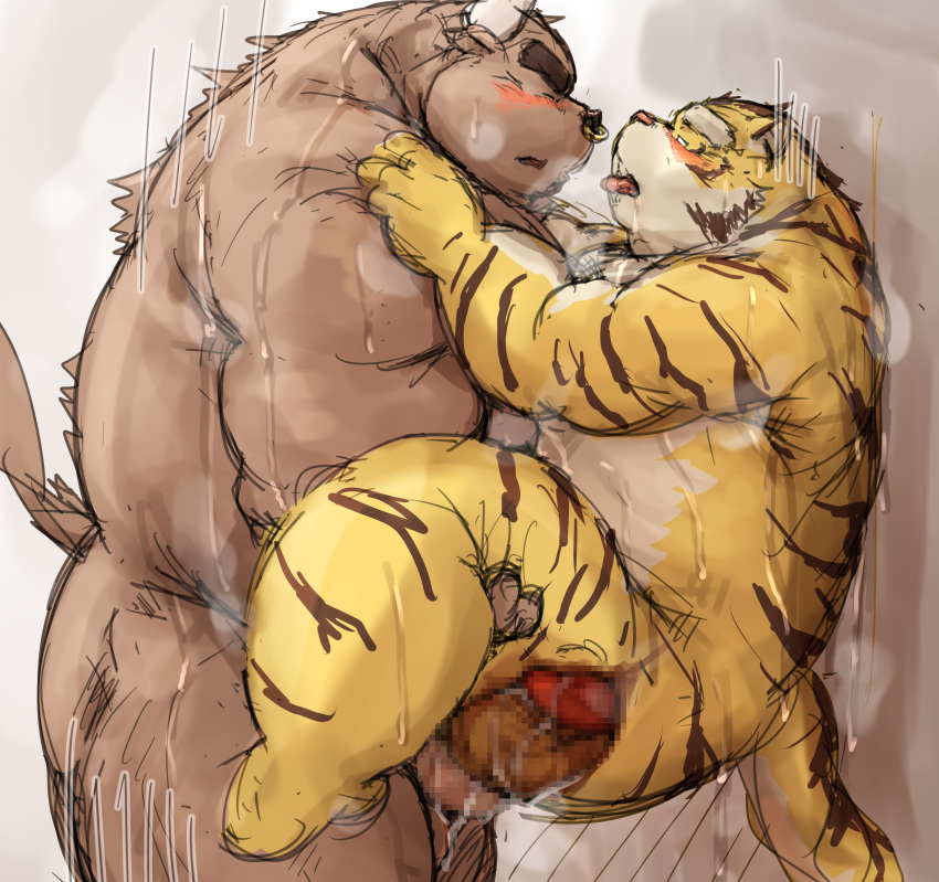 2020 absurd_res anal anal_sex anthro ass belly blush bodily_fluids bovid bovine brown_body brown_fur cattle censored closed_eyes duo felid fur hi_res kemono kotobuki male male/male mammal overweight overweight_male pantherine penetration sex sweat tiger tongue tongue_out yellow_body yellow_fur