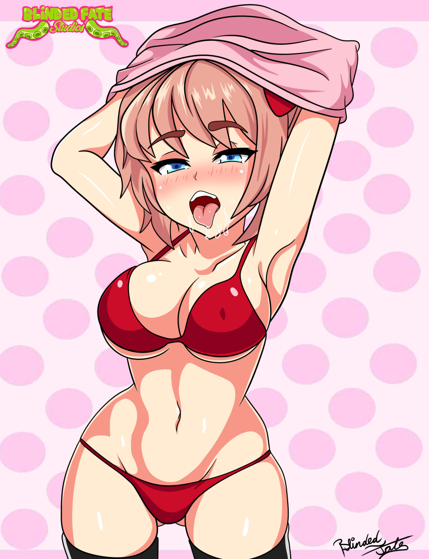 blinded_fate_studios blue_eyes blush bow bra breasts doki_doki_literature_club drooling eyebrows_visible_through_hair female hairbow half-closed_eyes just_sayori looking_at_viewer panties partially_clothed pink_shirt red_bow red_bra red_panties sayori_(doki_doki_literature_club) shirt_up solo sweat sweating thigh_gap thighs tongue_out