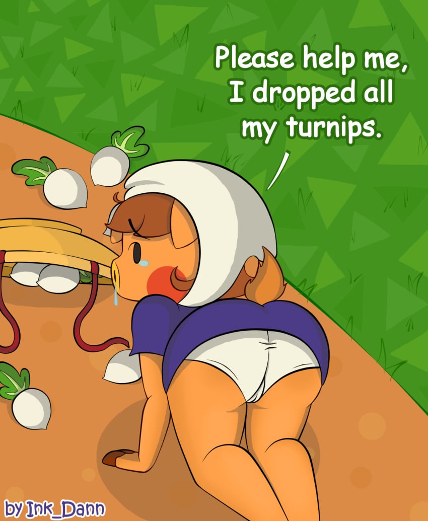 1girls animal_crossing ass black_eyes breasts brown_hair cowgirl_position crying daisy_mae_(animal_crossing) dialogue dress female furry ink_dann looking_at_viewer nintendo orange_body orange_fur panties pig pussy short_hair solo thick_thighs turnip video_games