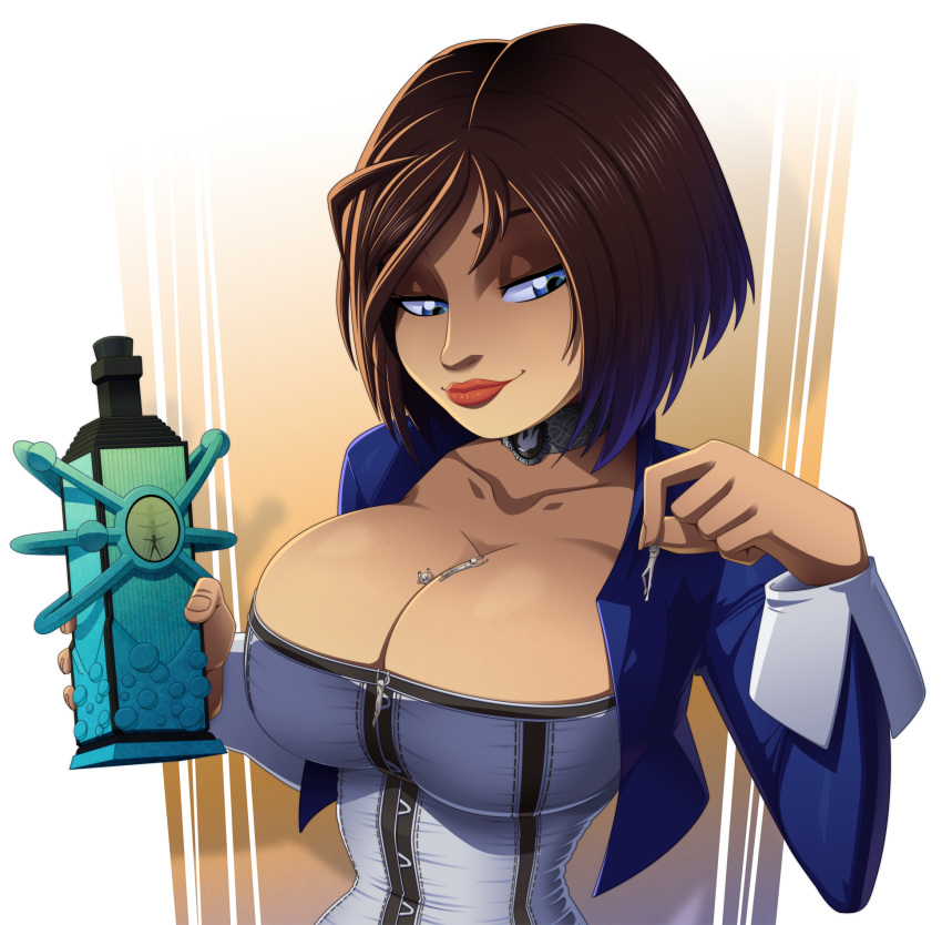 big_breasts bioshock bioshock_infinite black_hair blue_eyes brooch choker cleavage cloud_chamber_studios corset elizabeth_comstock ghost_story_games giantess holding_person ravenravenraven short_black_hair short_hair vigor_(bioshock)