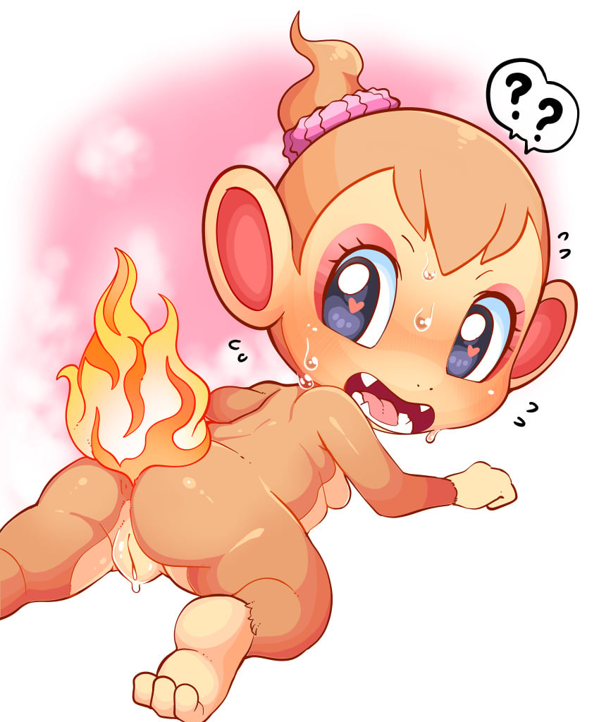 <3_eyes 1girls 2020 3_toes ? absurd_res accessory anthro ass back_view blush bodily_fluids breasts breath brown_body brown_fur brown_hair brown_skin chimchar completely_nude countershading eyelashes eyeshadow fangs female fire flaming_tail flying_sweatdrops foot_out_of_frame full-length_portrait full_body fur furry furry_only genital_fluids genitals glistening glistening_body glistening_eyes glistening_skin hair hair_accessory hair_ornament hair_tie happy heart heart-shaped_pupils hi_res looking_back lying lying_on_stomach makeup multicolored_background multicolored_body multicolored_skin nintendo nude nude_female on_front on_stomach open_mouth open_smile petite pink_background pink_hair_ornament pink_scrunchie pokémon_(species) pokemon pokemon_(species) ponytail portrait purple_eyes pussy pussy_juice rear_view scrunchie sharp_teeth shiny shiny_hair shiny_skin short_hair short_ponytail side_boob simple_background slim slit small_breasts smile solo solo_female speech_bubble spoken_question_mark spread_legs spreading sweat sweatdrop symbol-shaped_pupils tail tan_body tan_countershading tan_skin teeth thighs tied_hair toes tongue two_tone_body two_tone_skin uncensored uyu vagina video_games white_background