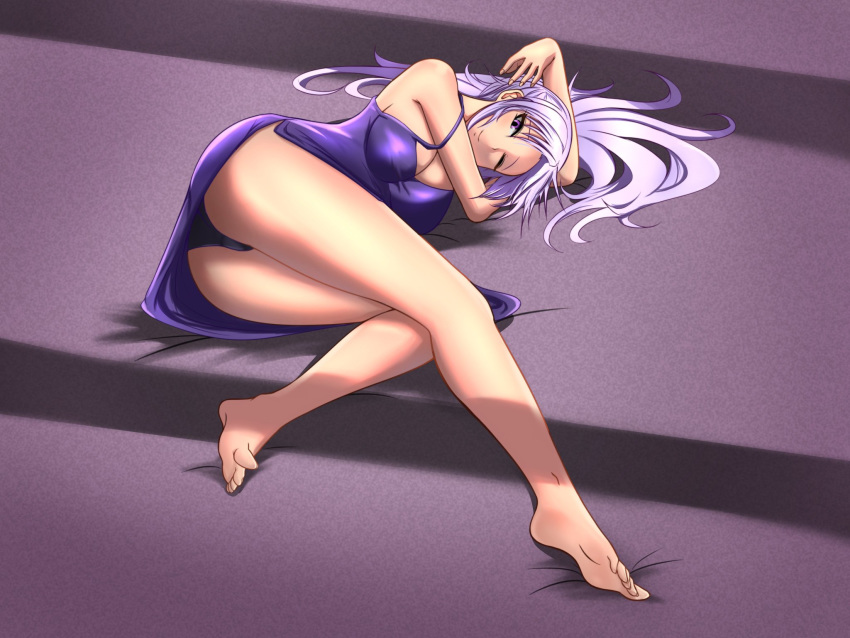 ass bare_legs barefoot bed bedroom big_breasts come_hither dress fire_emblem fire_emblem:_genealogy_of_the_holy_war ishtar_(fire_emblem) jaxartdump large_breasts long_hair lying lying_on_bed lying_sideways on_bed one_eye_closed panties pantyshot ponytail presenting purple_dress seductive seductive_look seductive_smile smile upskirt waiting wink