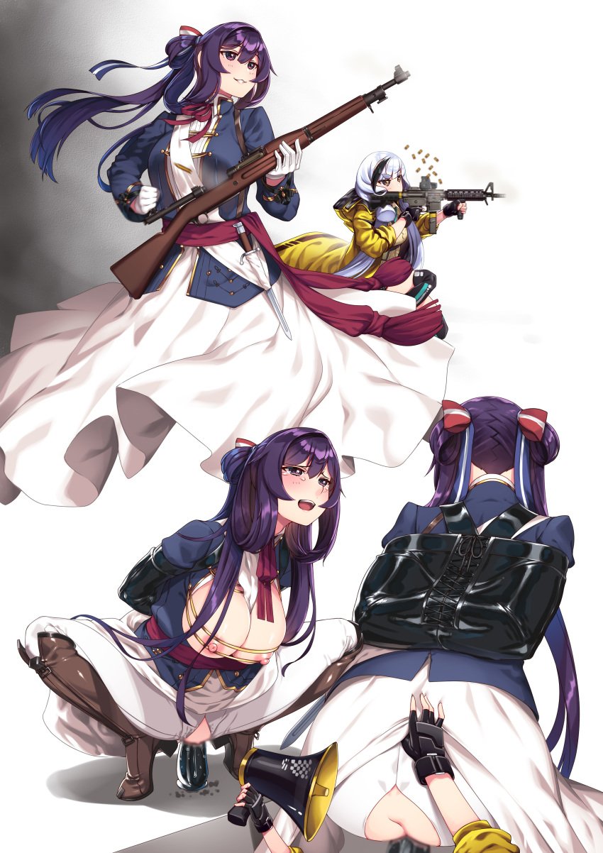 2girls absurdres american_flag aran_sweater armbinder ass bangs blazer blue_dress blunt_bangs bolt_action bondage bow bowtie breasts cosplay dress fingerless_gloves girls'_frontline gloves gun hair_ribbon hie_(hiememiko) hiememiko highres holding_megaphone jacket kantai_collection large_breasts m1903_springfield mittens multicolored_hair multiple_girls murakumo_(kantai_collection) nipple_tweak nipples object_insertion orange_eyes ponytail purple_eyes purple_hair red_bow red_neckwear ribbon rifle ro635 ro635_(girls'_frontline) ro635_(girls'_frontline)_(cosplay) short_eyebrows sidelocks silver_hair springfield_(girls'_frontline) springfield_(girls'_frontline)_(cosplay) streaked_hair sweater tress_ribbon twintails vaginal_object_insertion vaginal_penetration weapon white_dress