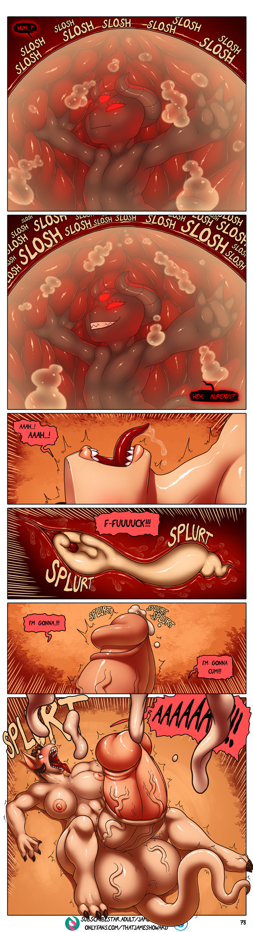 absurd_res ambiguous_gender anthro bodily_fluids cock_vore comic cum demon dialogue duo english_text genital_fluids genitals gynomorph hi_res hyper hyper_genitalia internal intersex james_howard mammal nude page_78 penile penis sitri_(james_howard) text tina_(james_howard) url vore