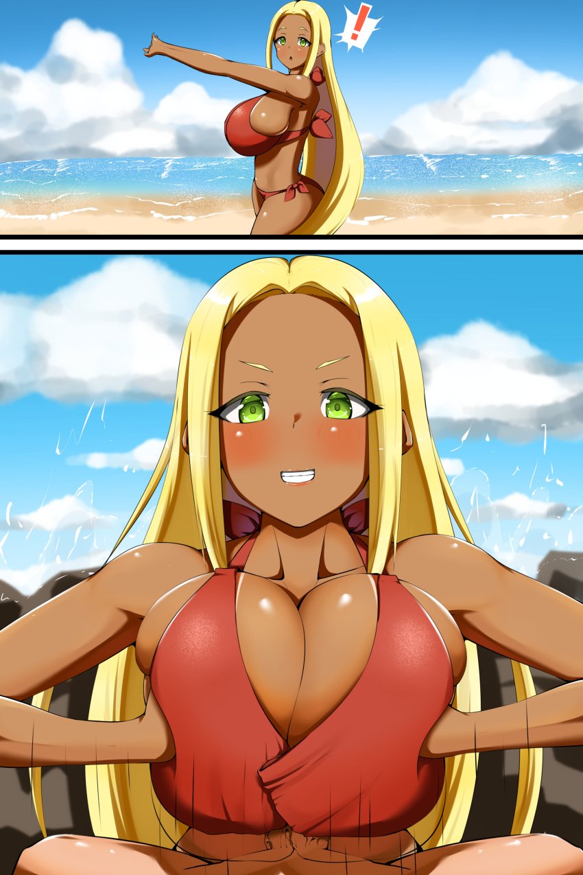 ! 1boy 1girls abs ass big_ass bikini blonde_hair blush breast_squeeze breasts cider1289 clothed_female clothed_female_nude_male covered_paizuri dark-skinned_female dark_skin female green_eyes huge_breasts human human_only instant_loss_2koma interracial large_breasts long_blonde_hair looking_at_viewer male_pov nintendo npc_trainer oppai paizuri pokemon pokemon_xy pov spread_legs straight swimmer_(pokemon) swimmer_(pokemon_xy) tan thick_thighs