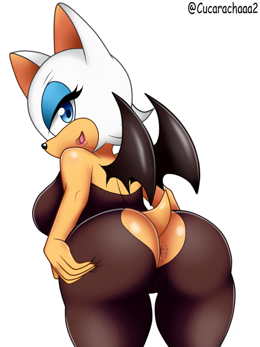 3:4 anthro anus ass big_breasts big_butt blue_eyes breasts chiropteran cucarachaaa female hi_res holding_butt looking_back mammal rouge_the_bat simple_background solo sonic_(series) sonic_the_hedgehog_(series) white_background