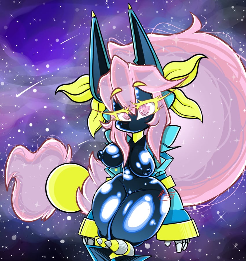 android angelface anthro big_breasts black_body black_skin blush breasts female genitals glistening glistening_body glistening_skin hair hi_res long_hair looking_at_viewer machine merci mouthless nipples noseless nude pink_eyes pink_hair pussy robot rubber solo space star thick_thighs wide_hips