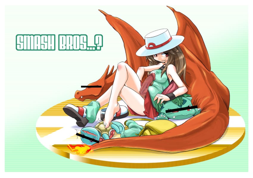 ambiguous_gender backpack blush bracelet brown_hair censored censored_eyes charizard drool english_text erect_penis feet futanari grin hat human ivysaur kobayashi_tetsuya leaf_(pokemon) long_hair mosaic_censoring nintendo no_panties pokémon_(species) pokemon pokemon_(species) pokemon_frlg red_eyes socks squirtle super_smash_bros.