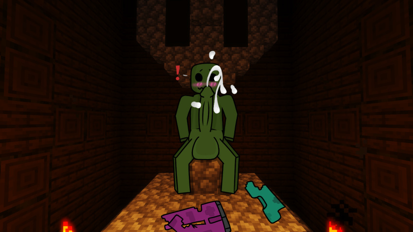 16:9 balls big_balls big_penis black_eyes blush erection genitals green_body green_skin hi_res huge_balls huge_cock humanoid male minecraft nude orgasm penis solo surprised_expression that-one-artist undead video_games widescreen zombie