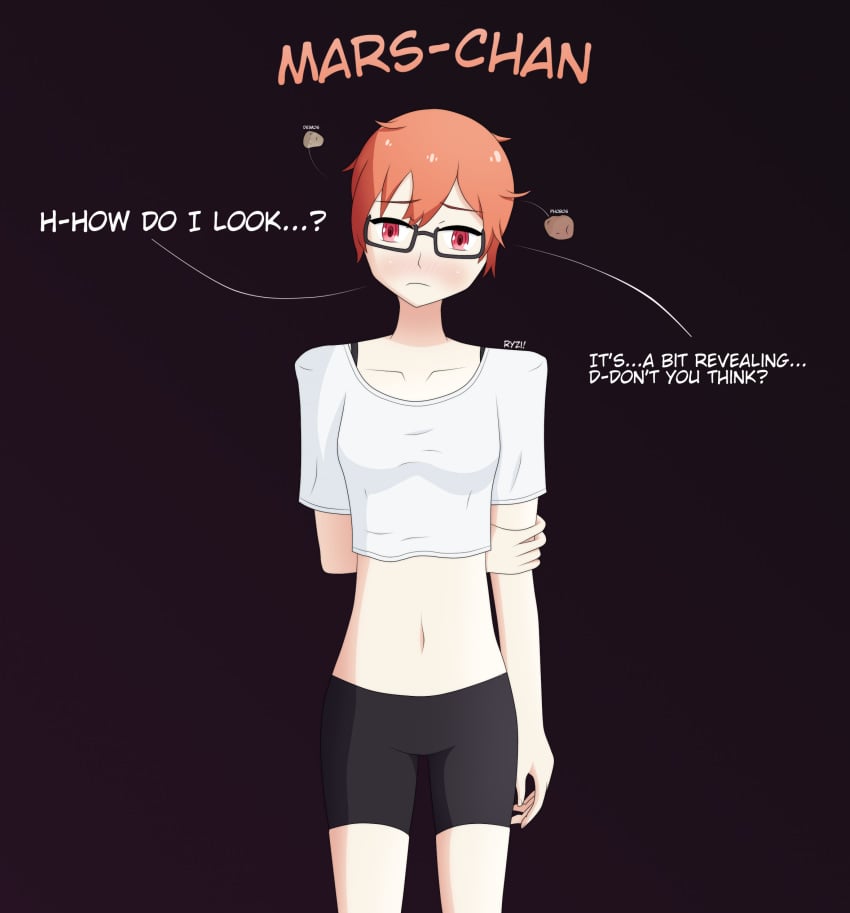 arms_behind_back blush blush embarrassed female glasses head_tilt looking_at_viewer mars-chan midriff navel orange_hair red_eyes revealing_clothes text white_shirt