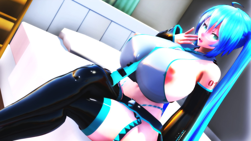 3d anastasia123mmd big_ass big_breasts bimbo hatsune_miku looking_at_viewer milf partially_visible_nipples sitting_on_bed smile visible_nipples vocaloid