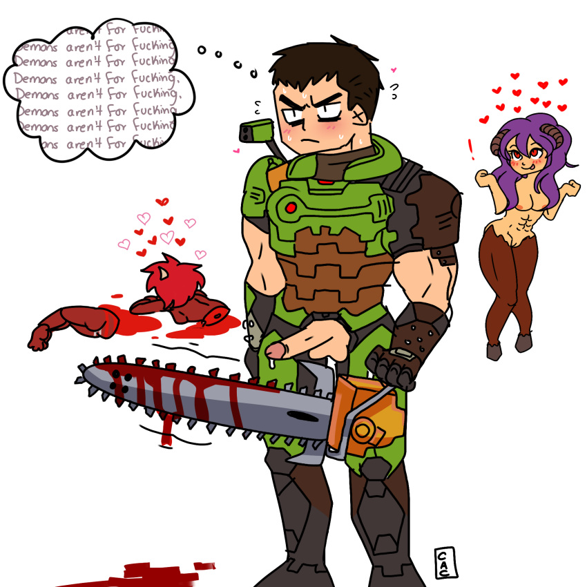 1boy 2girls abs after_sex ass balls big_breasts bisected blood blush breasts chainsaw cum cum_leaking cumandcupcakes death demon demon_girl demon_horns doom doom_slayer_(doom) english_text erect_penis erection female_death funny gore hdoom hearts hell_knight_(doom) human humanoid imp-tan imp_(doom) licking_lips monster_girl muscular_male nipples nude nude_female nudity penis precum purple_hair pussy red_hair red_skin sideboob still_alive tagme text thought_bubble weapon