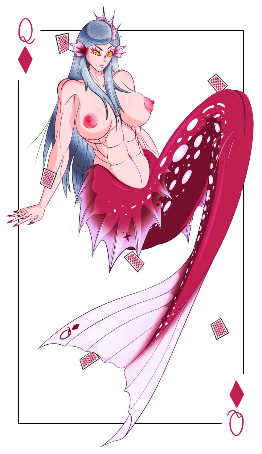 abs breasts cards dots female fins laino001 mermaid mermaid_tail monster_girl muscular nipples original playing_card red_ears red_tail sharp_fingernails silver_hair smug webbing yellow_eyes