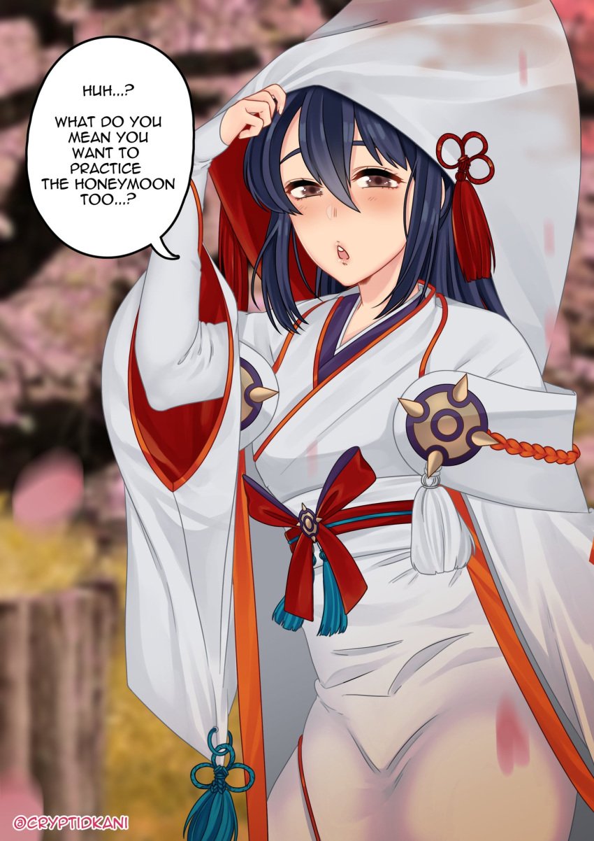 alternate_costume blue_hair bride brown_eyes cherry_blossoms cryptid_crab fire_emblem fire_emblem_fates fire_emblem_heroes fully_clothed honeymoon hood hoodie japanese_clothes kimono oboro_(bridal)_(fire_emblem) oboro_(fire_emblem) text wataboushi