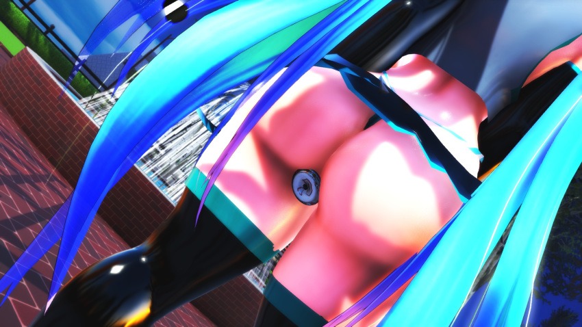 1girls 3d anal anal_object_insertion anastasia123mmd aqua_hair ass ass_focus big_ass big_butt blue_hair buttplug clothed_sex dat_ass egirl female hatsune_miku skirt teenager thighhighs thong twintails vocaloid walking