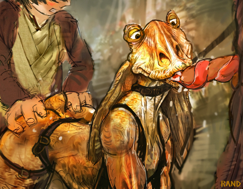 3boys all_fours anal anal_sex ass clenched_teeth color erection gay gungan jar_jar_binks male male_only penis rand_(furry_artist) sex spitroast star_wars tagme tail threesome yaoi