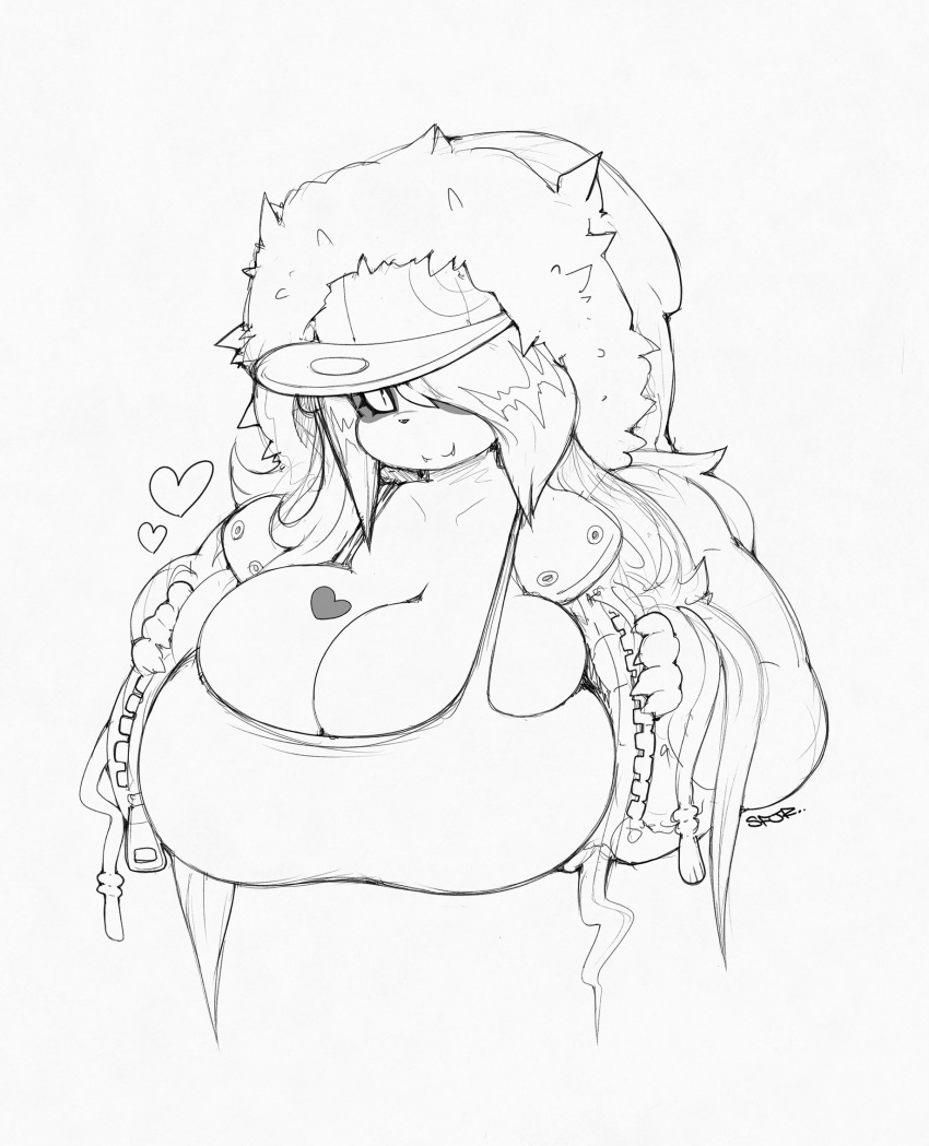 accessory anthro birthmark crescent_moon giant_panda hair_ornament heart huge_breasts jacket luna_paws moon panda scifijackrabbit simple_background smutbunny streetwear