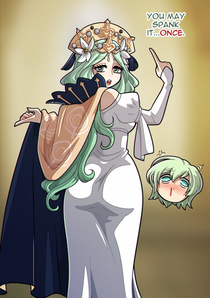 ass ass_in_dress byleth_(fire_emblem) byleth_(fire_emblem)_(male) dress enlightened_byleth_(male) fire_emblem fire_emblem:_three_houses green_eyes green_hair kinkymation long_dress milf nintendo rhea_(fire_emblem) rhealeth you_may_spank_it_once_(meme)