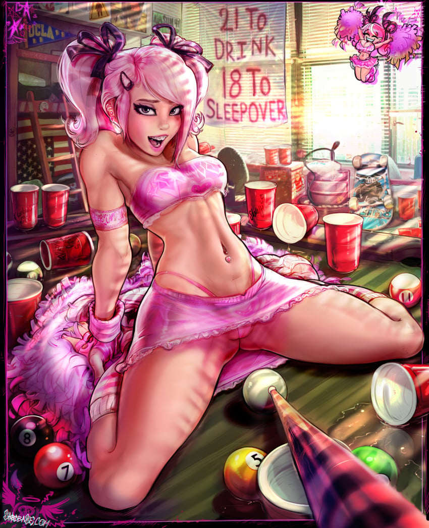 1girls beer_keg belle_delphine braces breasts brown_eyes cameltoe cheerleader eyeliner female female_only nipple_piercing panties pierced_nipples piercing pink_hair pom_poms pool_ball pool_table pussy seductive shadman shoes skirt small_breasts sneakers socks solo spread_legs twintails