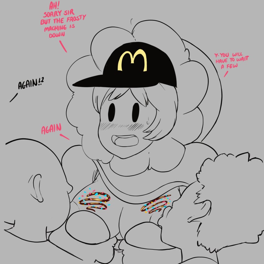 1girls 2boys big_breasts blush breast_sucking breasts chocolate_on_breasts dialogue female hetero hood human human_only ice_climber ice_cream line_art male mcdonald's mob_face nana_(ice_climber) nintendo nipple_suck nipples noblood open_mouth sprinkles sucking_nipples sweatdrop text