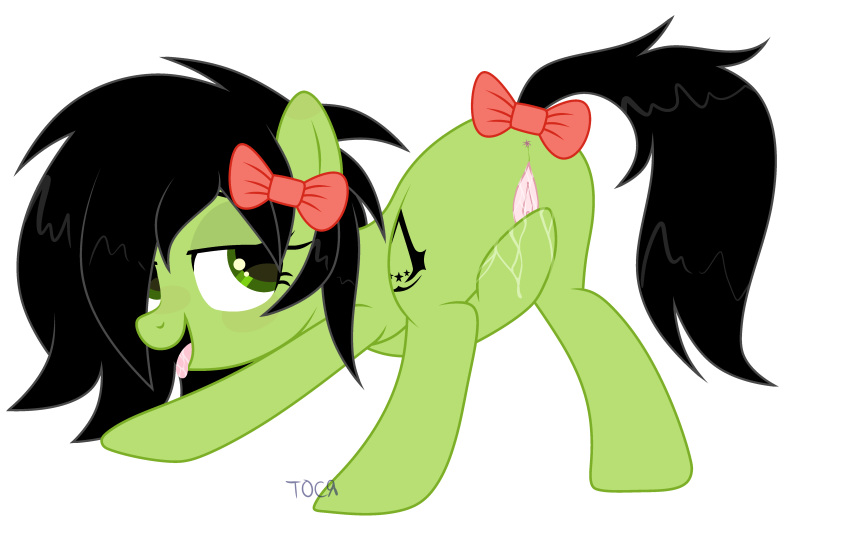 absurd_res anonymous_artist black_hair bodily_fluids cutie_mark earth_pony emerald_blade_(oc) equid equine fan_character female feral friendship_is_magic furry genital_fluids genitals green_body green_eyes green_skin hair hi_res horse mammal my_little_pony open_mouth pony presenting presenting_pussy pussy pussy_juice ribbons simple_background solo tongue tongue_out white_background