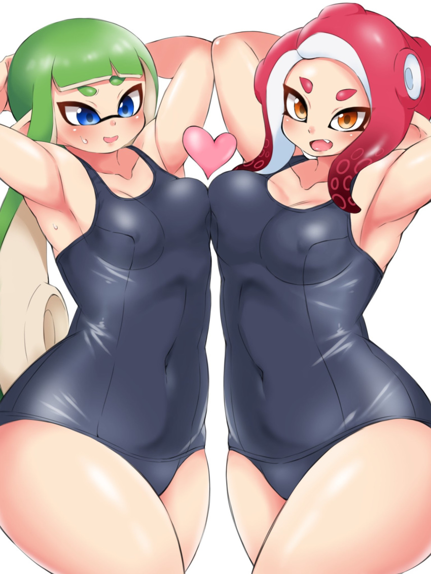 agent_3_(splatoon) agent_8_(splatoon) big_breasts breast_squish inkling nintendo octoling pengin_maru splatoon swimsuit thick_thighs