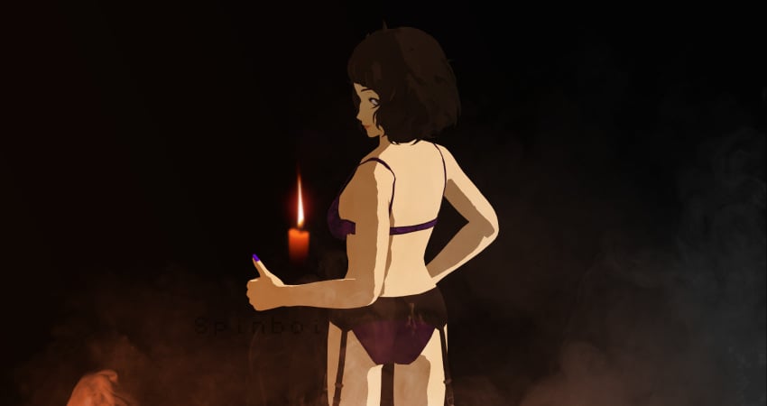 3d bare_shoulders black_background black_hair breasts candle clothed cum cum_on_panties female female_focus female_only lingerie persona persona_5 pose posing purple_bra purple_panties sadayo_kawakami smoke solo solo_female solo_focus spinboi xnalara