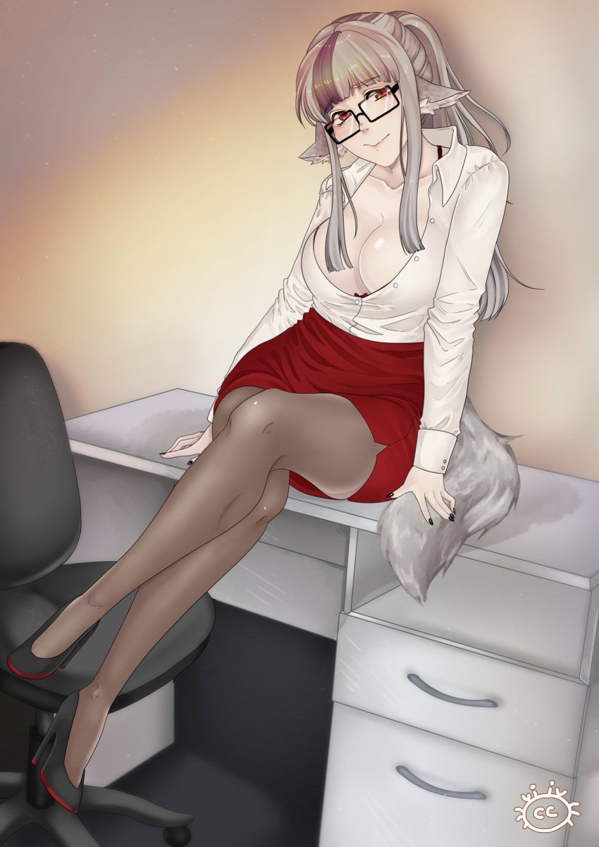 1girls big_breasts black_nail_polish black_nails business_suit busty cleavage cleavage_overflow crossed_legs cryptid_crab female fire_emblem fire_emblem_fates fully_clothed glasses grey_hair high_heels huge_breasts large_breasts leggings looking_at_viewer midi_skirt monster_girl office office_lady open_shirt painted_nails pantyhose pencil_skirt ponytail red_eyes red_skirt secretary shirt sitting sitting_on_desk skirt skirt_suit solo solo_female solo_focus tail tight_skirt velouria_(fire_emblem) wolf_ears wolf_girl