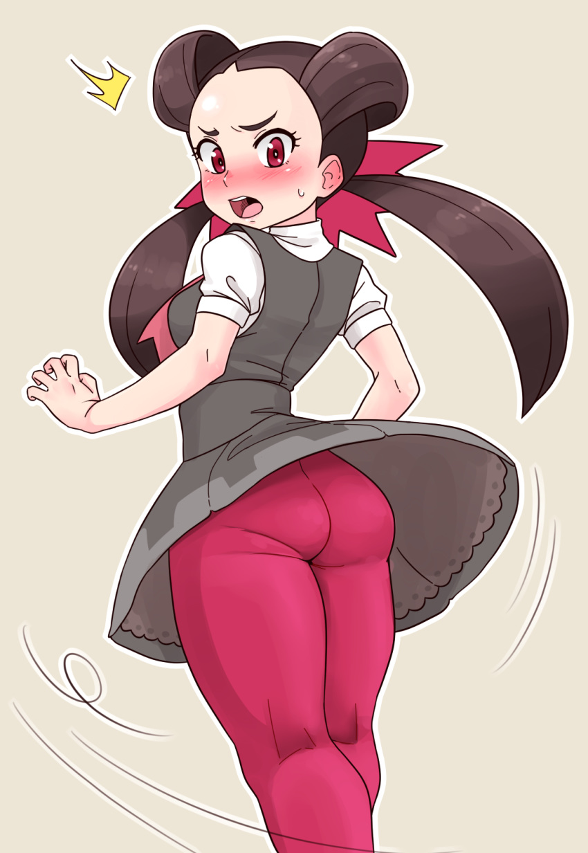 1girls ass blush breast brown_hair clothed female fully_clothed game_freak gym_leader hair_ribbon human leggings long_hair looking_back nintendo pale-skinned_female pale_skin pantyhose pokemon pokemon_oras pokemon_rse red_eyes red_ribbon roxanne_(pokemon) roxanne_(pokemon_oras) skirt skirt_lift solo standing sweat thick_thighs thighs tsubasa_(godbardtsubasa) twintails