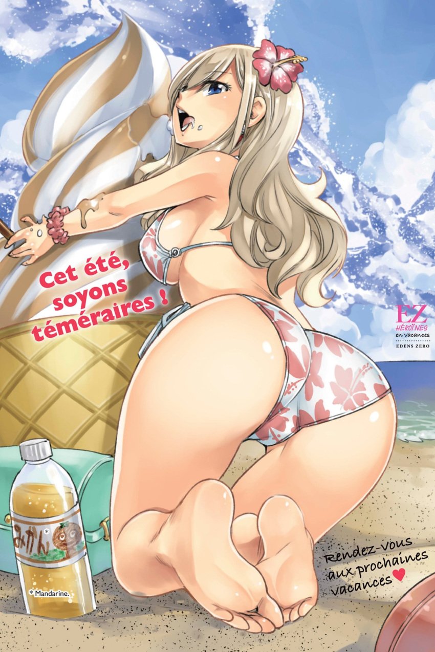 1girls ashy_hair ass ass_focus barette big_ass big_breasts blonde_hair blue_eyes bottom_view edens_zero full_body hiro_mashima ice_cream licking_lips mashima_hiro rebecca_bluegarden sand solo swimsuit thick_thighs