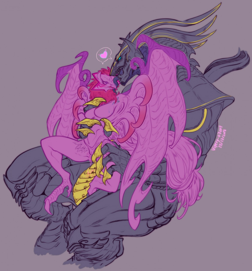 anthro anthro_on_anthro anthrofied armor bahamut_(final_fantasy) beak black_body blue_eyes blush bodily_fluids breasts claws duo fangs female final_fantasy genital_fluids genitals hair hi_res love male muscular muscular_male open_mouth pink_body pink_eyes pink_hair pussy pussy_juice romantic romantic_ambiance romantic_couple simple_background square_enix straight sugarbeasts-07 tongue vagina valefor video_games vipery-07 wings