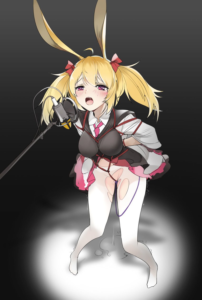 absurdres animal_ears arknights arms_behind_back black_background blonde_hair blush bondage bow breasts bunny_ears clothing female frilled_skirt frills hair_ribbon hairbow half-closed_eyes highres medium_breasts microphone necktie object_insertion open_mouth pantyhose pop_filter pussy_juice pussy_juice_puddle red_bow red_neckwear red_ribbon red_skirt restrained ribbon saliva shibari_over_clothes shinnasuka025 skirt solo sora_(arknights) spotlight sweat torn_clothes torn_legwear twintails vaginal_object_insertion vaginal_penetration vibrator vibrator_cord white_legwear