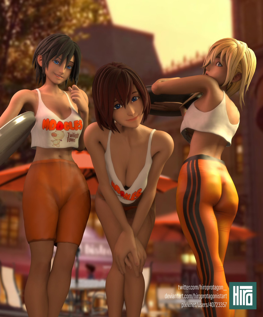 3d 3girls ass ass_up booty_shorts clothed clothing disney fast_food fast_food_uniform female female_only hiroprotagon hooters kairi kingdom_hearts kingdom_hearts_iii namine outdoors public square_enix uniform waitress xion