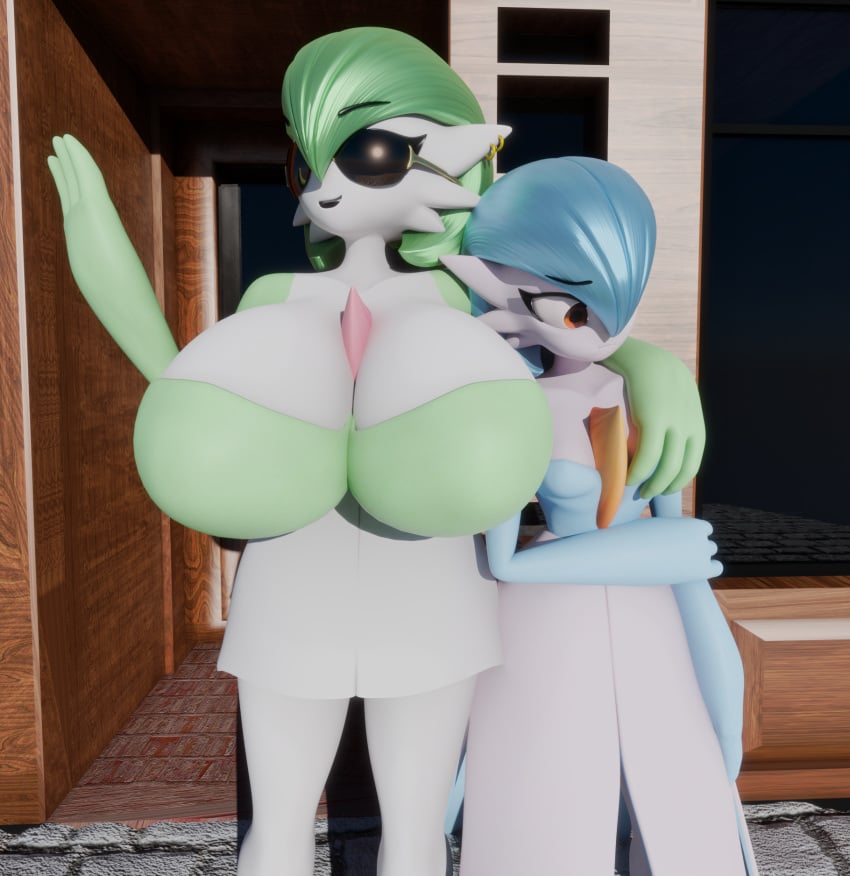 3d 3d_(artwork) anthro blender_(software) gardevoir large_breasts pokémon_(species) pokemon pokemon_(species) shiny_pokemon shy small_breasts sunglasses tradelt