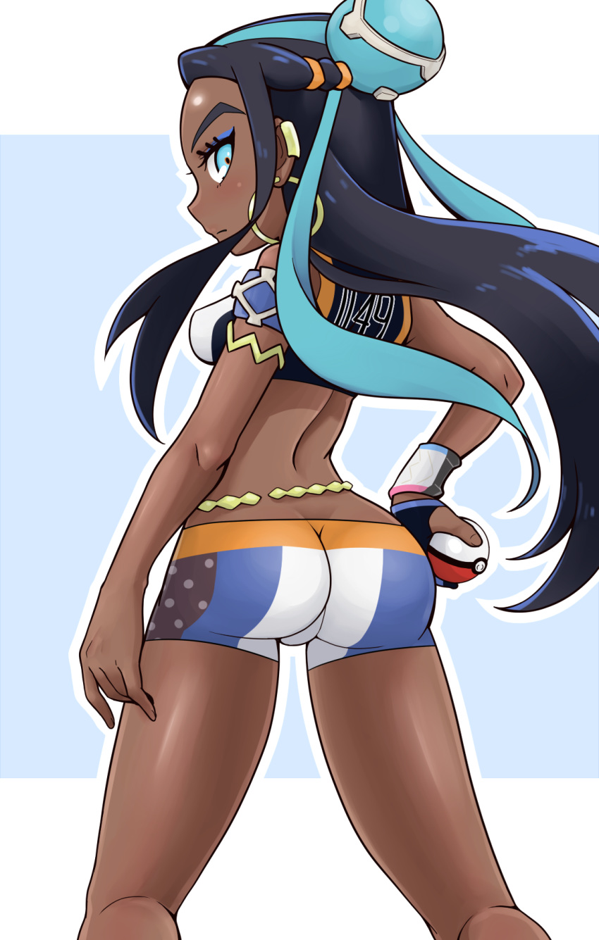 1girls ass big_ass blue_eyes blue_hair breasts dark-skinned_female dark_skin earrings eye_contact female hair_ornament human long_hair looking_at_viewer looking_back minishorts nessa_(pokemon) nintendo pokeball pokemon pokemon_ss sideboob thighs tight_clothing tight_shorts tsubasa_(godbardtsubasa) two_tone_hair wide_hips