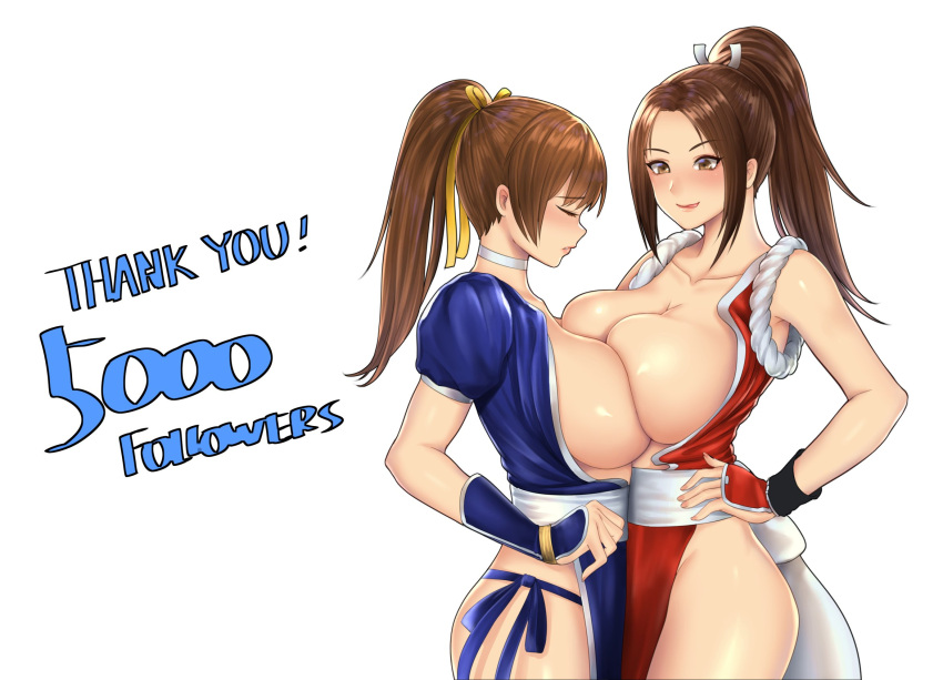 2girls :p arm_guards bangs bare_shoulders blue_gloves blue_kimono blue_panties blush blushing_at_another breasts breasts_out breasts_out_of_clothes breasts_outside breasts_press breasts_pressed_together breasts_to_breasts brown_eyes brown_hair choker closed_eyes collarbone commentary_request cowboy_shot crossover dead_or_alive english_text enormous_breasts fatal_fury female_focus female_ninja fingerless_gloves follower_celebration from_side gloves hair_ribbon height_difference hi_res high_ponytail highres huge_breasts japanese_clothes kasumi_(doa) kimono king_of_fighters kunoichi kuronerinka licking_lips lips lipstick long_hair looking_at_another mai_shiranui massive_breasts matching_hair/eyes milestone_celebration multiple_females multiple_girls ninja no_panties nyatokanyaru panties parted_lips pelvic_curtain plain_background ponytail red_gloves red_kimono revealing_clothes ribbon sash side-tie_panties sidelocks simple_background sleeveless sleeveless_kimono smile snk standing symmetrical_docking thank_you tied_hair tongue tongue_out trait_connection underwear voluptuous white_background white_choker white_sash yellow_ribbon yuri