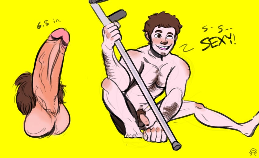 1boy anatomically_correct artist_logo ball_tuft balls ballsack big_balls big_penis blush blushing blushing_male body_blush body_hair brown_eyes brown_hair brunet buff buff_arms buff_male buttsupreme chin_pubes cripple crutch dimples ears erection eye_looking_up eyes_looking_up eyes_open facial_hair feet feet_apart feet_out_of_frame foreskin foreskin_folds fully_retracted_foreskin hairy_arms hairy_chest hand_on_floor human human_male intact jimmy_valmer knees knees_up male male_only male_pubic_hair manly muscles muscly muscular_male nude_male pale_skin penis penis_focus posing posing_for_picture posing_for_the_viewer pubes pubes_exposed scrotum semi-erect sideburns skinny_legs solo south_park stuttering testicles text text_bubble tongue uncircumcised uncut unretracted_foreskin veiny_penis white_male wide_arms wide_shoulders yellow_background