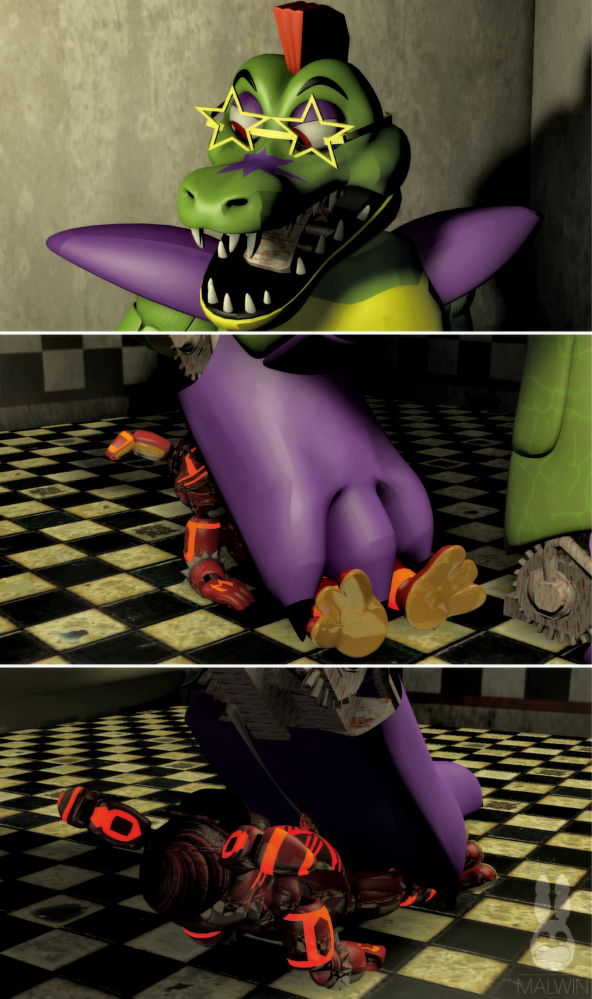 3d cum dick feet five_nights_at_freddy's footjob gay macro male male/male malwin micro montgomery_gator_(fnaf) paws stomping trampling yaoi