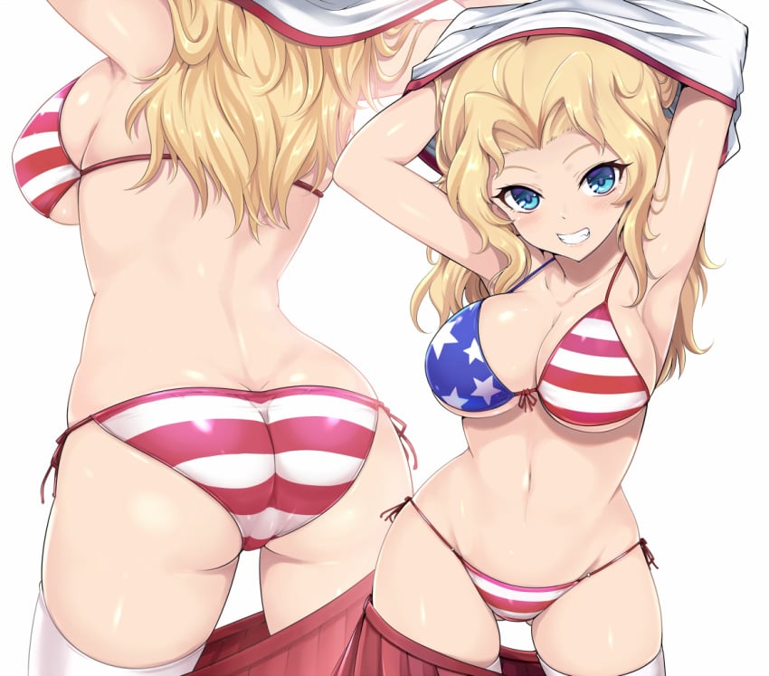 1girls american_flag american_flag_bikini arms_up ass back big_breasts bikini blonde_hair blue_eyes blush breasts butt_crack cleavage collarbone cowboy_shot female female_only flag_print from_behind front-tie_bikini front-tie_top girls_und_panzer gluteal_fold grin kasai_shin kay_(girls_und_panzer) large_breasts lips long_hair looking_at_viewer multiple_views navel oerba_yun_fang panties pleated_skirt red_skirt shiny shiny_hair shiny_skin shirt side-tie_bikini simple_background skirt skirt_pull smile smirk string_bikini swimsuit thigh_gap thighhighs underboob undressing white_background white_legwear white_shirt wide_hips