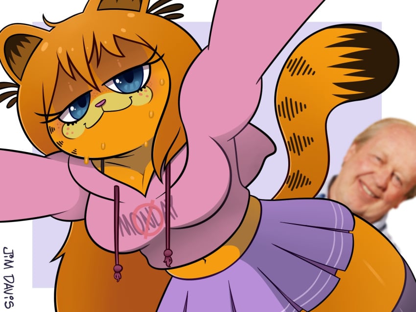 1female 1girls afroninja360 anthro blue_eyes breasts cat_ears cat_tail cleavage clothing feline garfield_(series) garfield_the_cat genderswap jacket jim_davis looking_at_viewer orange_fur rule_63 skirt smile smiling sweat sweatdrop sweatdrops sweating thick_thighs thighs