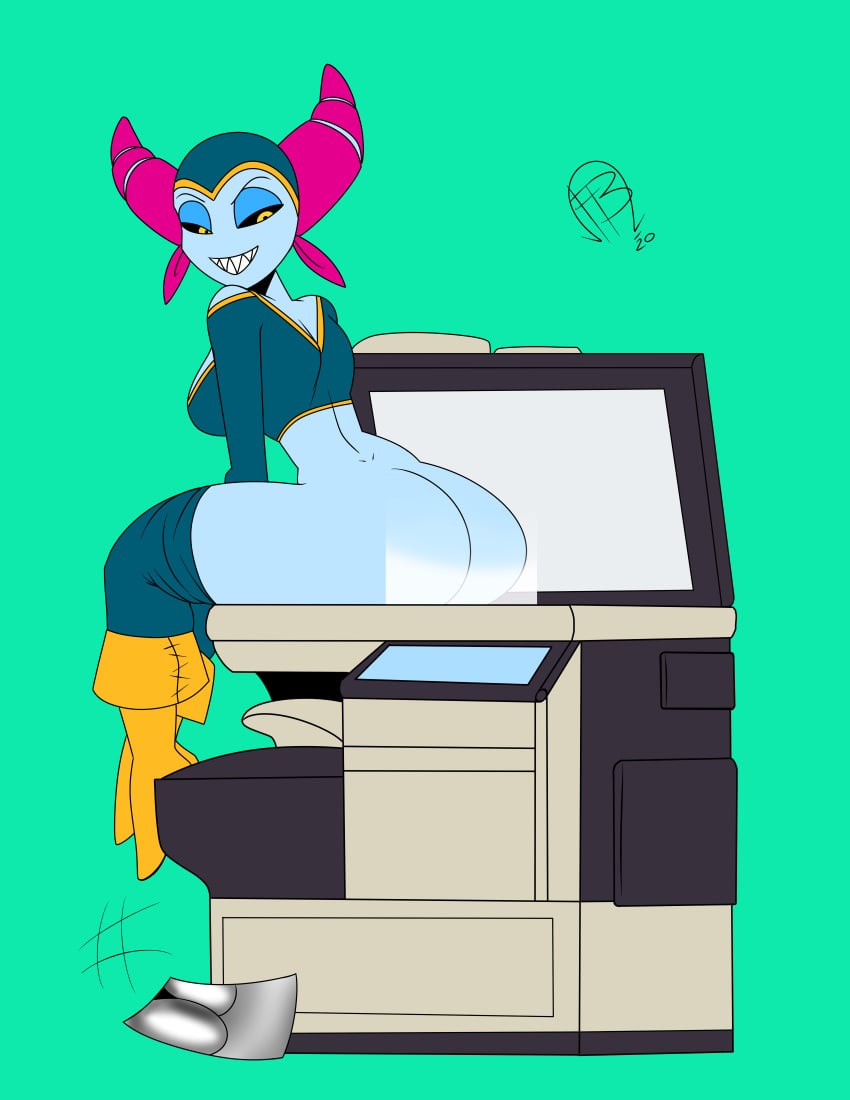 ass blue_skin dat_ass female female_only frostbiteboi funny humor malice_(nefarious) nefarious patreon_reward photocopier photocopying_butt printer smiling tagme