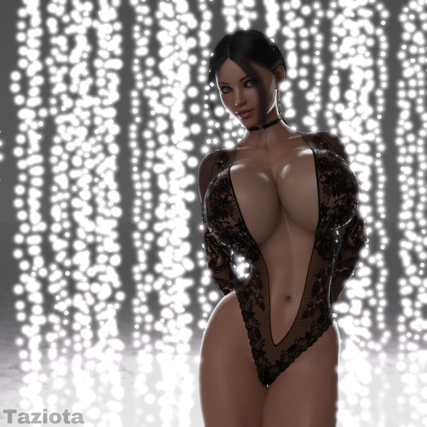 1girls 3d bimbo choker huge_breasts lacey lights looking_at_viewer navel shiny_skin smile taziota