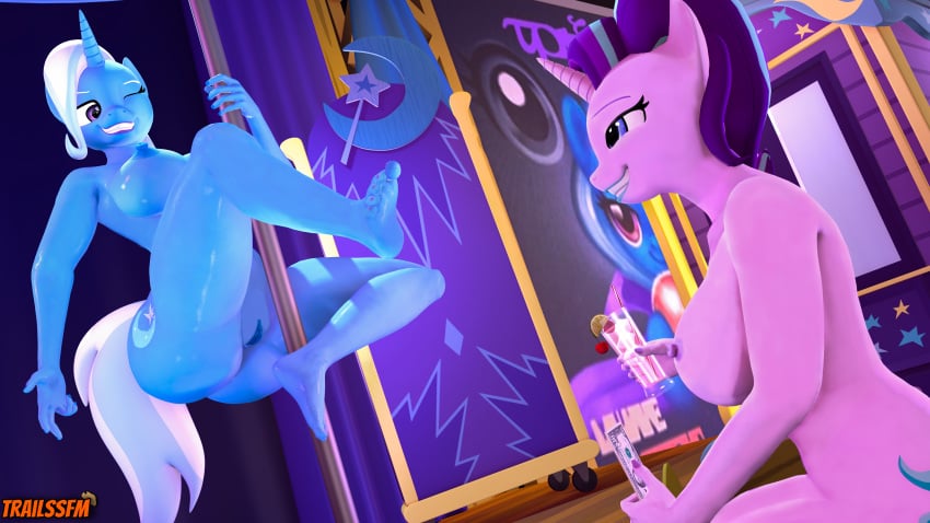 3d 4k absurdres anthro ass beverage breasts dancing duo equid equine female friendship_is_magic furry genitals highres horn large_breasts mammal money my_little_pony nude one_eye_closed pole pole_dancing pussy smile starlight_glimmer stripper_pole trailssfm trixie_(mlp) unicorn wink